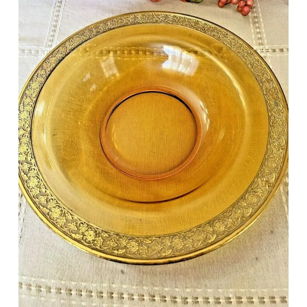 Amber Dish With Metal Etched Rim 8.5 inches vintage